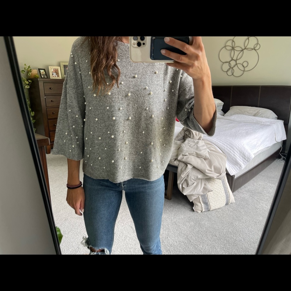 Zara Gray Pearl Sweater